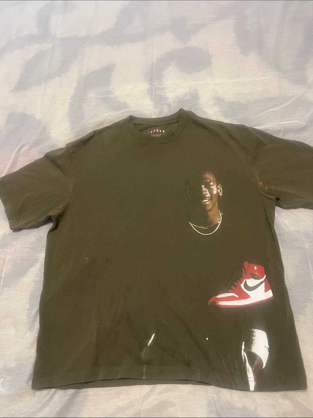 Jordan Olive Tee with Red & White Sneaker Graphic and Portrait